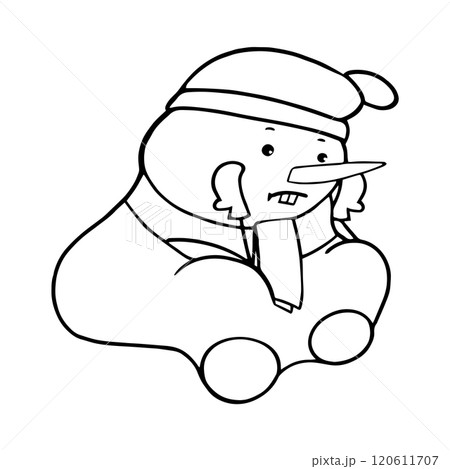 Cute Snowman in a hat, scarf and mittens sits waiting for the New Year. New Year s card. Cute Snowman in a hat, scarf and mittens sits waiting for the New Year. New Year s card. 120611707