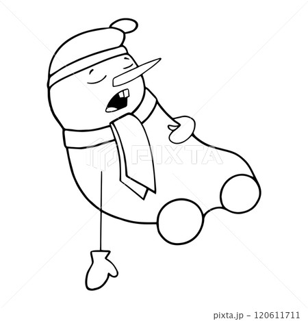 Cute Snowman in a hat, scarf and mittens fell asleep waiting for the New Year. New Year s card. Cute Snowman in a hat, scarf and mittens fell asleep waiting for the New Year. New Year s card. 120611711