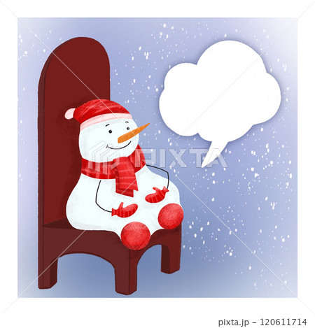 New Year's card with a cute snowman in a hat, scarf and mittens, who sits and waits for the New New Year's card with a cute snowman in a hat, scarf and mittens, who sits and waits for the New 120611714