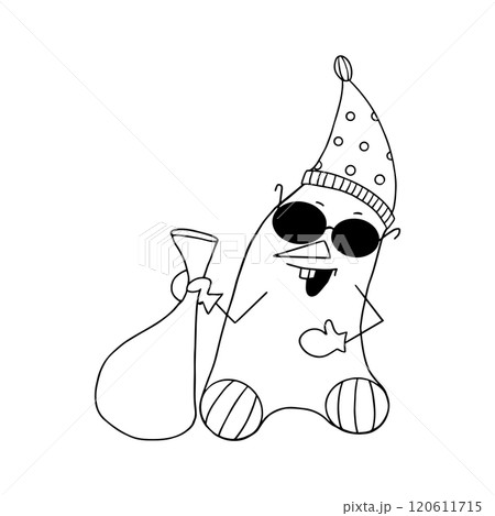 Funny Snowman in a hat with a gift bag. For the design of a New Year s card. Coloring for children. 120611715