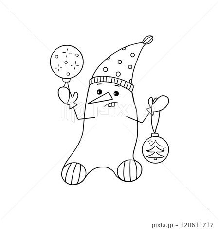Cheerful Snowman in a hat with balls for decorating a Christmas tree. Excellent postcard design. Cheerful Snowman in a hat with balls for decorating a Christmas tree. Excellent postcard design. 120611717