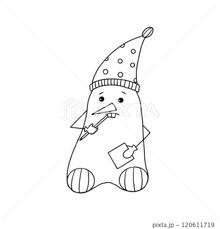 Thoughtful Snowman in a hat with a pencil in his hand thinks what to write in the list for the New Thoughtful Snowman in a hat with a pencil in his hand thinks what to write in the list for the New 120611719