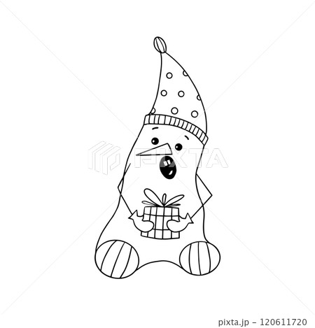 Snowman in a hat holds a gift in his hands and screams with his mouth wide open. Snowman in a hat holds a gift in his hands and screams with his mouth wide open. 120611720