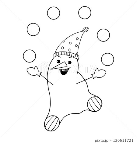 A cheerful snowman in a hat and with a smile on his face juggles tangerines. New Year s card. A cheerful snowman in a hat and with a smile on his face juggles tangerines. New Year s card. 120611721