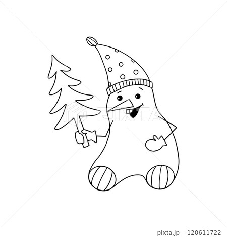 A cheerful snowman in a hat and with a smile on his face holds a Christmas tree in his hands. A cheerful snowman in a hat and with a smile on his face holds a Christmas tree in his hands. 120611722