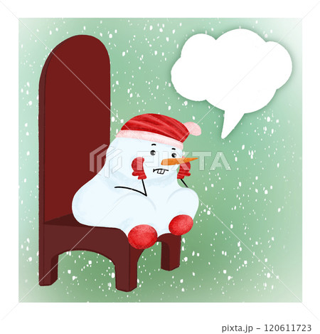 Cute Snowman in a red hat, scarf and mittens sits on a large beard chair waiting for the New Year. Cute Snowman in a red hat, scarf and mittens sits on a large beard chair waiting for the New Year. 120611723