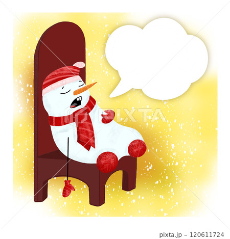 A cute snowman in a red hat, scarf and mittens fell asleep on a large burgundy chair waiting for  120611724