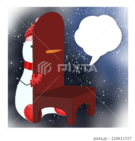 A cute snowman in a red hat, scarf and mittens hid behind a large burgundy chair waiting for the New Year. 120611727