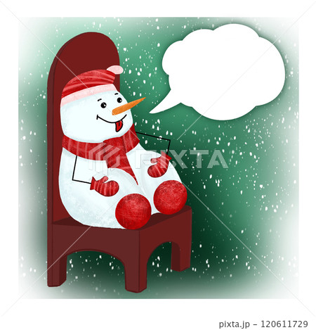 Cute snowman in a red hat, scarf and mittens huddled on a large chair waiting for the New Year. Cute snowman in a red hat, scarf and mittens huddled on a large chair waiting for the New Year. 120611729