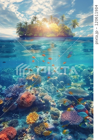 Selective focus of Colorful coral reefs and tropical islands at sunset Underwater landscape with fish in sea water. 120611984
