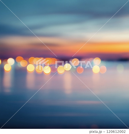 夕日に照らされてキラキラ輝く海の玉ボケ　AI画像 120612002