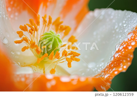 Orange and white poppy flower, dew drops on petals, macro photography 120612359