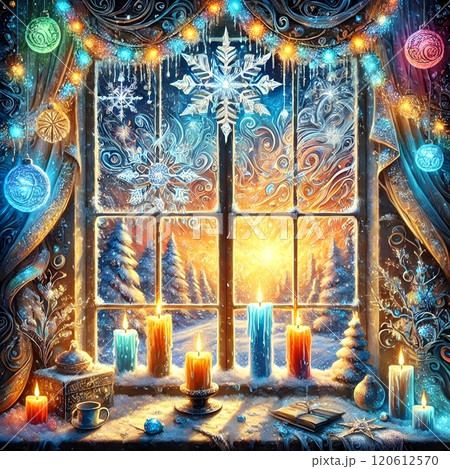 A cozy Christmas window with frosty patterns on the glass, a glowing candle on the windowsill, surrounded by pine garlands and red berries, soft snowfall outside 120612570
