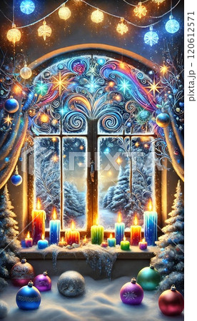 A cozy Christmas window with frosty patterns on the glass, a glowing candle on the windowsill, surrounded by pine garlands and red berries, soft snowfall outside 120612571
