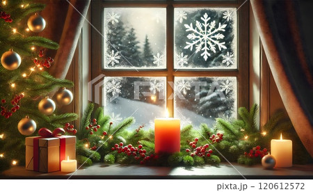 A cozy Christmas window with frosty patterns on the glass, a glowing candle on the windowsill, surrounded by pine garlands and red berries, soft snowfall outside 120612572