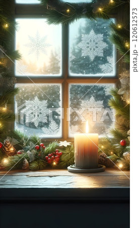 A cozy Christmas window with frosty patterns on the glass, a glowing candle on the windowsill, surrounded by pine garlands and red berries, soft snowfall outside 120612573