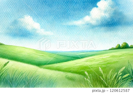 青空と草原の水彩画風イラスト 120612587