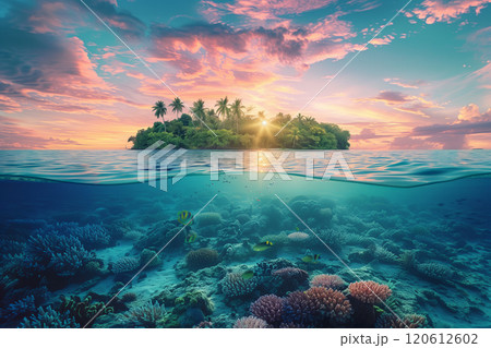 Selective focus of Colorful coral reefs and tropical islands at sunset Underwater landscape with fish in sea water. 120612602