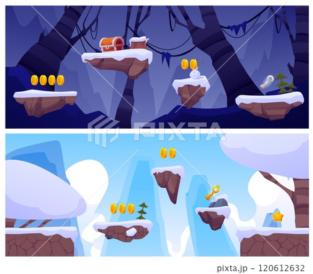 Game winter world with level platforms, floating snowdrifts land islands vector illustrations set, chest coins key award Game winter world with level platforms, floating snowdrifts land islands vector illustrations set, chest coins key award 120612632