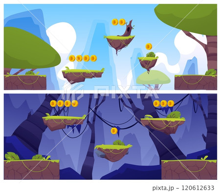 A vector collection of landscapes with levitating stones, green grass and prize coins 120612633