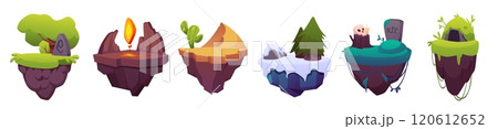 Level platform with gravestone, flame award, cactus in dunes, cartoon winter summer floating land game island vector set Level platform with gravestone, flame award, cactus in dunes, cartoon winter summer floating land game island vector set 120612652