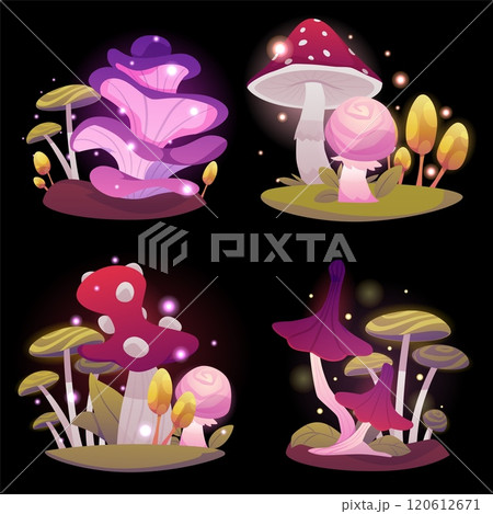 A charming set of vectors depicting magical mushrooms with curved caps among the grass 120612671