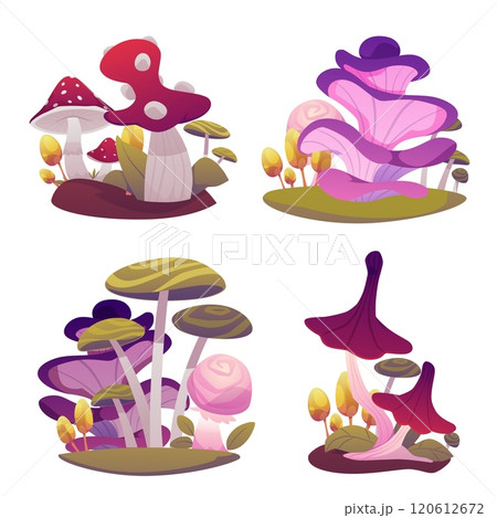 Compositions of fantastic glowing red, purple, green mushrooms. Compositions of fantastic glowing red, purple, green mushrooms. 120612672