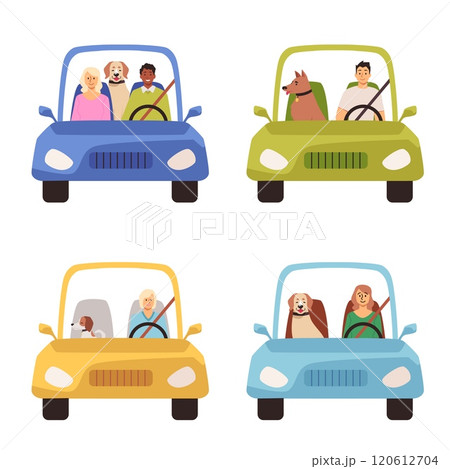 Illustration of a set of characters of different genders traveling with dogs in cars. 120612704
