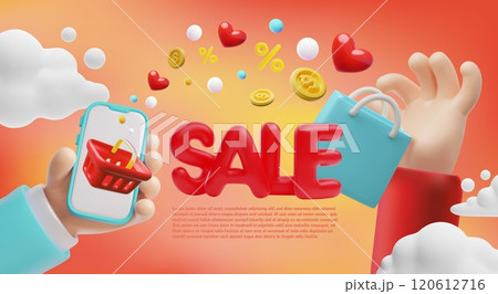 Online sale 3D plastic style banner, mobile shopping service on smartphone, vector special offer, hand with shopping bag Online sale 3D plastic style banner, mobile shopping service on smartphone, vector special offer, hand with shopping bag 120612716