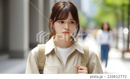 困った顔で外を歩いている女性 120612772