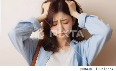 頭を抱えて悩んでいる女性 120612773