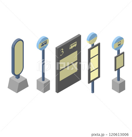 いろんなバス停留所の看板のセットイラスト、アイソメトリック構図。右面法、主線なし。 いろんなバス停留所の看板のセットイラスト、アイソメトリック構図。右面法、主線なし。 120613006