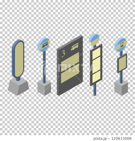 いろんなバス停留所の看板のセットイラスト、アイソメトリック構図。右面法、主線なし。 いろんなバス停留所の看板のセットイラスト、アイソメトリック構図。右面法、主線なし。 120613006