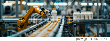 Selective focus of A robot arm in a dairy factory is picking up a stack of white glass bottles filled with fresh pasteurized milk. 120613344