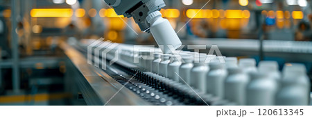 Selective focus of A robot arm in a dairy factory is picking up a stack of white glass bottles filled with fresh pasteurized milk. 120613345