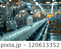 Selective focus of A robot arm in a dairy factory is picking up a stack of white glass bottles filled with fresh pasteurized milk. 120613352