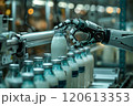 Selective focus of A robot arm in a dairy factory is picking up a stack of white glass bottles filled with fresh pasteurized milk. 120613353