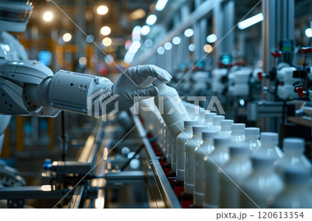 Selective focus of A robot arm in a dairy factory is picking up a stack of white glass bottles filled with fresh pasteurized milk. 120613354