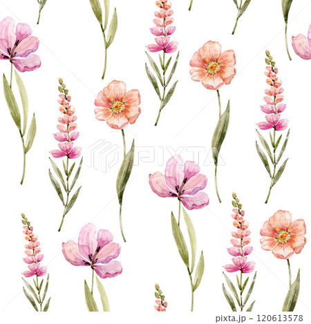 Seamless pattern with watercolor pink spring flowers. Hand drawn illustration on white background. Seamless pattern with watercolor pink spring flowers. Hand drawn illustration on white background. 120613578
