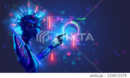 AI. Digital AI in phone in hand. AI Bot on screen mobile smartphone communication with cloud computing. Artificial intelligence Processing Big Data and Cloud Computing. Chatbot AI mobile technology. 120613579