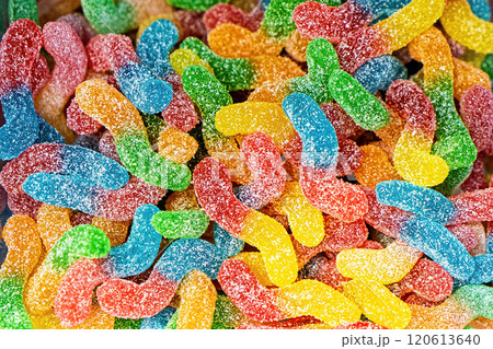 Assorted colorful gummy jelly candies. Top view. Jelly sweets. 120613640
