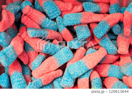 Assorted colorful gummy jelly candies. Top view. Jelly sweets. Assorted colorful gummy jelly candies. Top view. Jelly sweets. 120613644