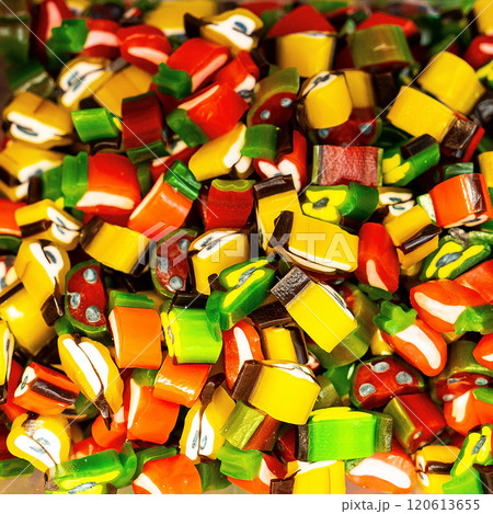 Assorted colorful gummy jelly candies. Top view. Jelly sweets. Assorted colorful gummy jelly candies. Top view. Jelly sweets. 120613655
