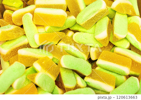 Assorted colorful gummy jelly candies. Top view. Jelly sweets. Assorted colorful gummy jelly candies. Top view. Jelly sweets. 120613663