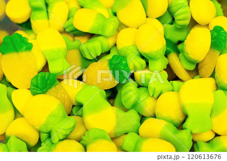 Assorted colorful gummy jelly candies. Top view. Jelly sweets. 120613676