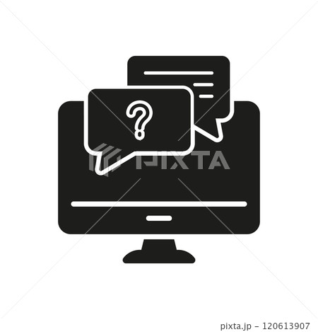 Desktop Computer with Message Speech Bubbles Silhouette Icon. Online Support Glyph Symbol. Help, Communication and Assistance. Isolated Vector Illustration 120613907