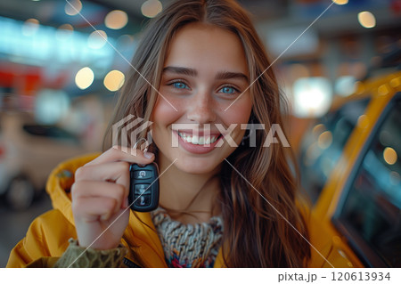Caucasian woman showing car keys in hand sitting inside car in showroom. 120613934