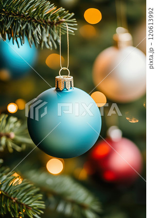 Festive Christmas ornaments hanging on evergreen tree with lights. 120613992