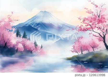 富士山と桜の水彩画。日本の春の象徴的な風景 120613996