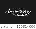 Happy anniversary calligraphy hand lettering isolated on black background. Hand drawn lettering design for birthday, wedding, anniversary celebration, poster, invitation or greeting card. 120614000